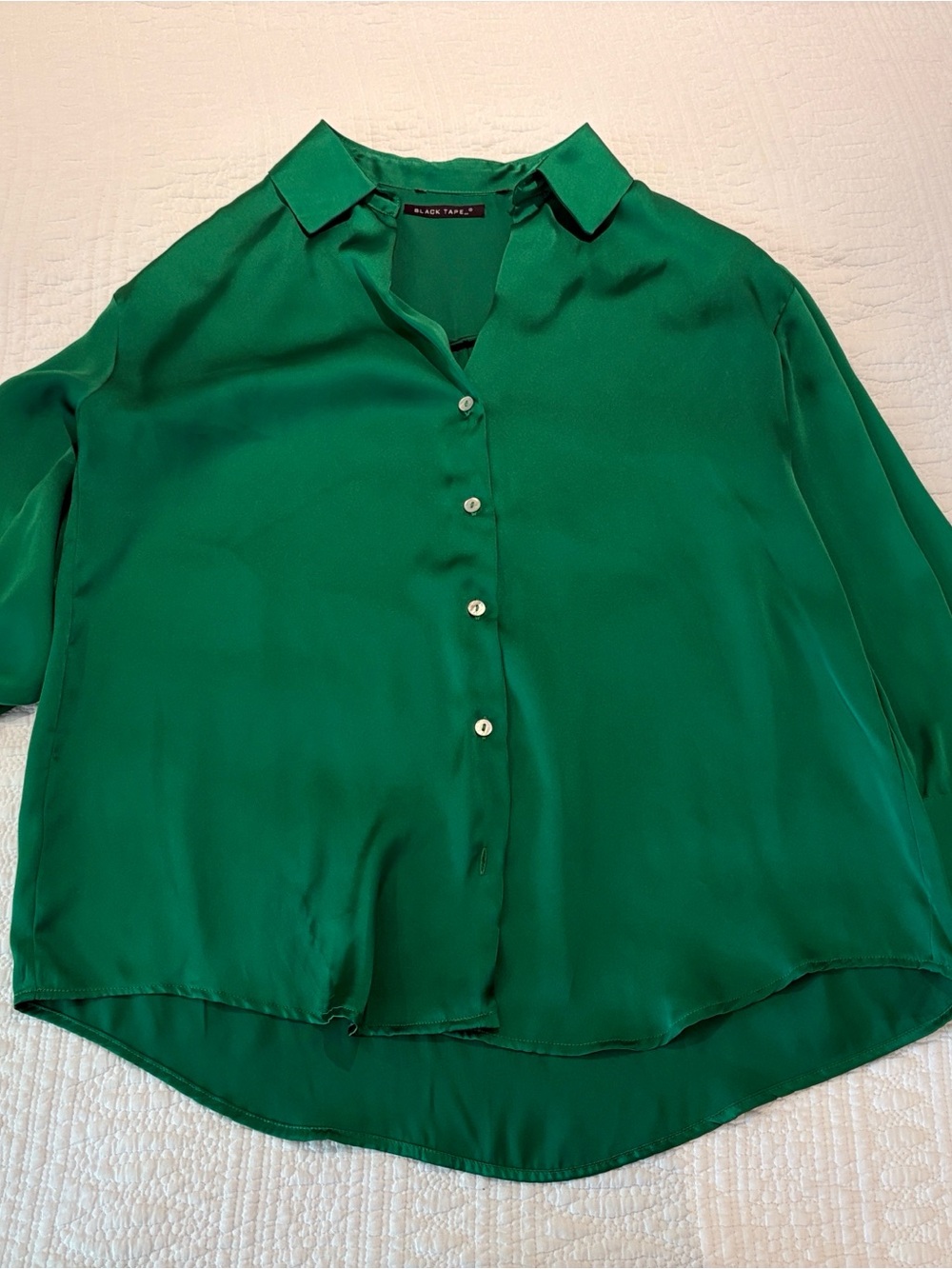 Black Tape_ Emerald Green Button-Down Silk Blouse